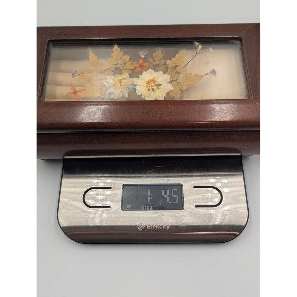 Vintage Wood Music Jewelry Box Brown Dried Flower Glass Inset Brass Feet Works